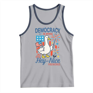 Funny Patriotic Duck Holding Firework Tank Top Funny Democracy Is Dying But Hey Nice Fireworks 4th Of July TS02 Athletic Heather Navy Print Your Wear