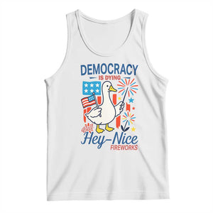 Funny Patriotic Duck Holding Firework Tank Top Funny Democracy Is Dying But Hey Nice Fireworks 4th Of July TS02 White Print Your Wear