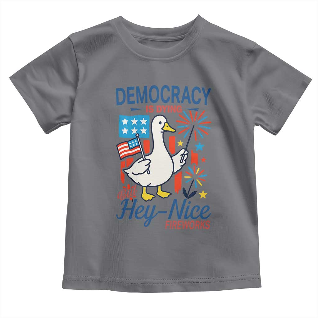 Funny Patriotic Duck Holding Firework Toddler T Shirt Funny Democracy Is Dying But Hey Nice Fireworks 4th Of July TS02 Charcoal Print Your Wear