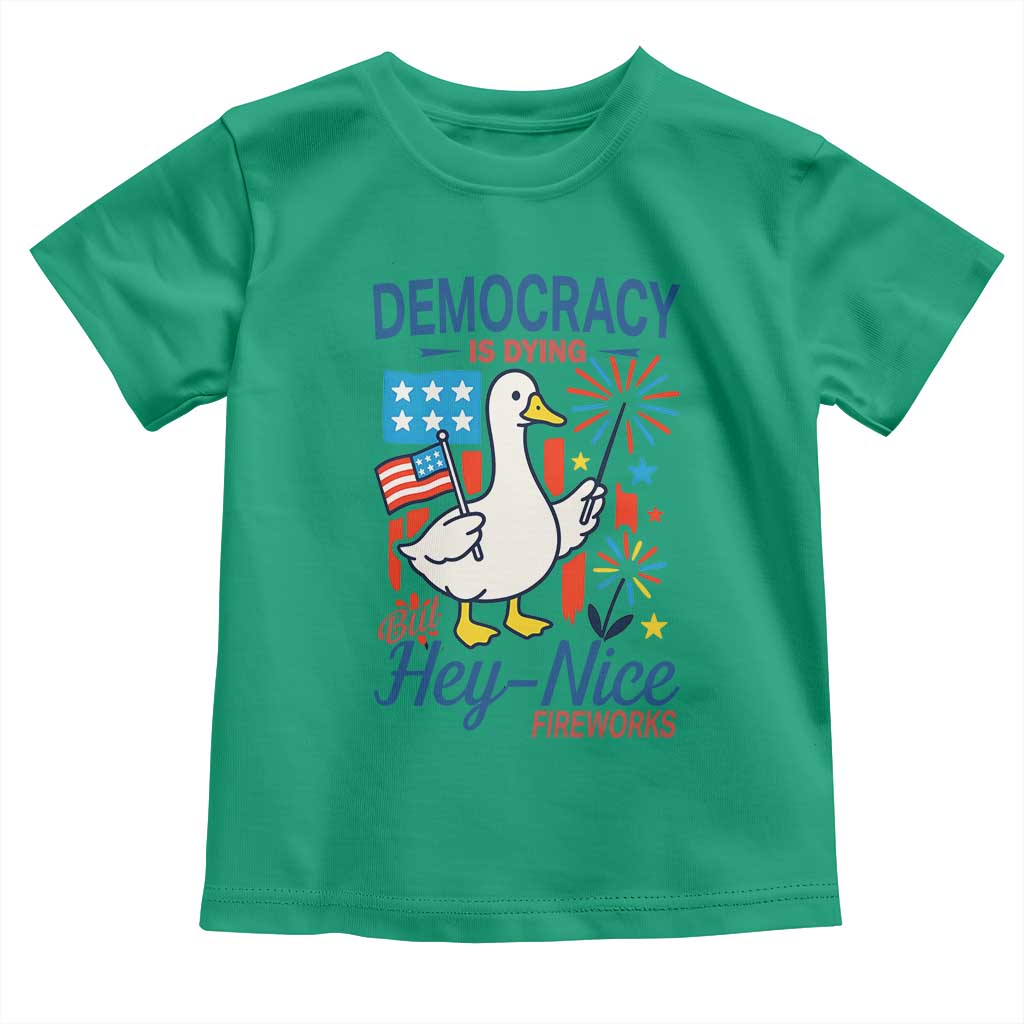 Funny Patriotic Duck Holding Firework Toddler T Shirt Funny Democracy Is Dying But Hey Nice Fireworks 4th Of July TS02 Irish Green Print Your Wear