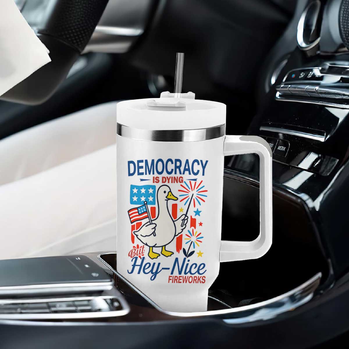 Funny Patriotic Duck Holding Firework Tumbler With Handle Funny Democracy Is Dying But Hey Nice Fireworks 4th Of July TS02 Print Your Wear