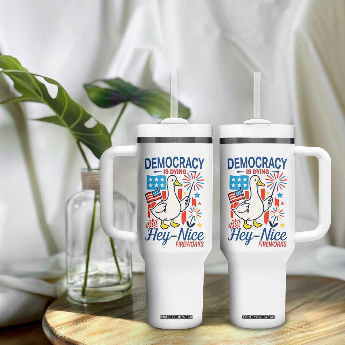 Funny Patriotic Duck Holding Firework Tumbler With Handle Funny Democracy Is Dying But Hey Nice Fireworks 4th Of July TS02 Print Your Wear