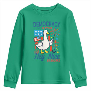 Funny Patriotic Duck Holding Firework Youth Sweatshirt Funny Democracy Is Dying But Hey Nice Fireworks 4th Of July TS02 Irish Green Print Your Wear