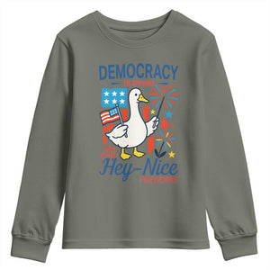 Funny Patriotic Duck Holding Firework Youth Sweatshirt Funny Democracy Is Dying But Hey Nice Fireworks 4th Of July TS02 Military Green Print Your Wear