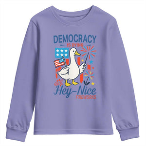 Funny Patriotic Duck Holding Firework Youth Sweatshirt Funny Democracy Is Dying But Hey Nice Fireworks 4th Of July TS02 Violet Print Your Wear