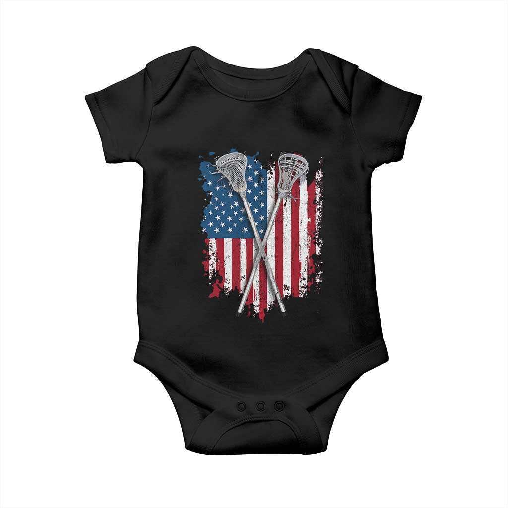 Funny Patriotic Lax Lacrosse Sticks American Flag Baby Onesie TS11 Black Print Your Wear