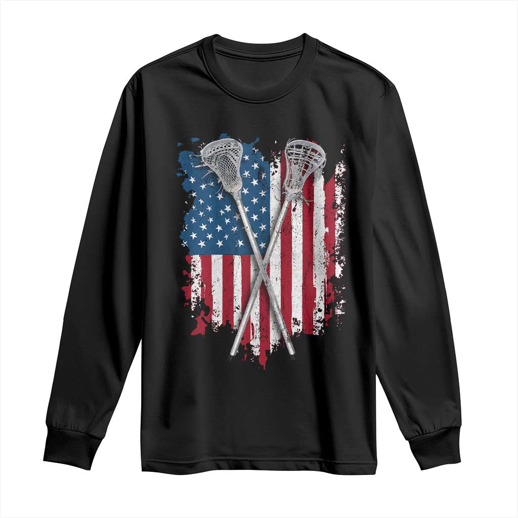 Funny Patriotic Lax Lacrosse Sticks American Flag Long Sleeve Shirt TS11 Black Print Your Wear