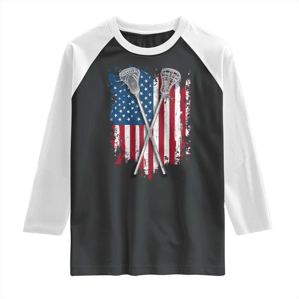 Funny Patriotic Lax Lacrosse Sticks American Flag Raglan Shirt TS11 Black White Print Your Wear