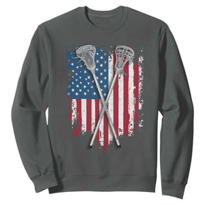 Funny Patriotic Lax Lacrosse Sticks American Flag Sweatshirt TS11 Dark Heather Print Your Wear