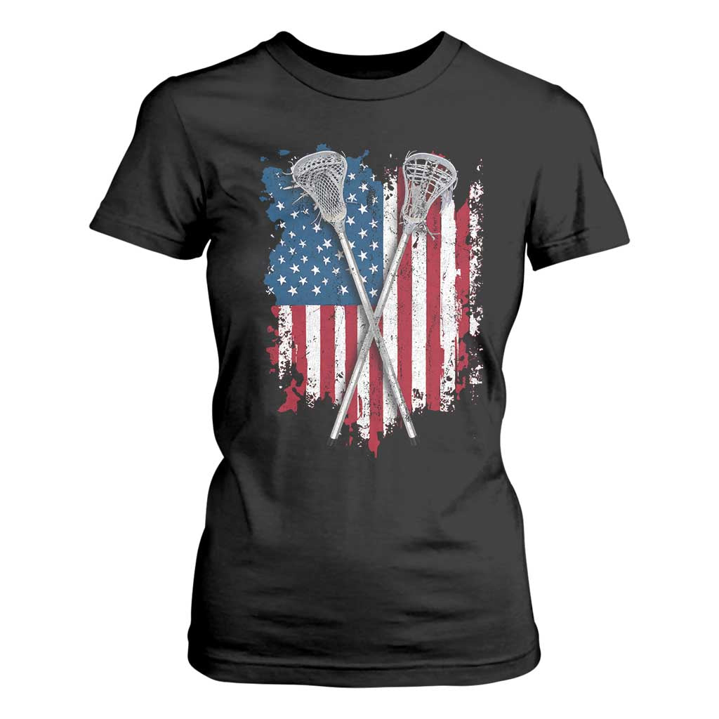 Funny Patriotic Lax Lacrosse Sticks American Flag T Shirt For Women TS11 Black Print Your Wear