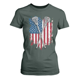 Funny Patriotic Lax Lacrosse Sticks American Flag T Shirt For Women TS11 Dark Forest Green Print Your Wear