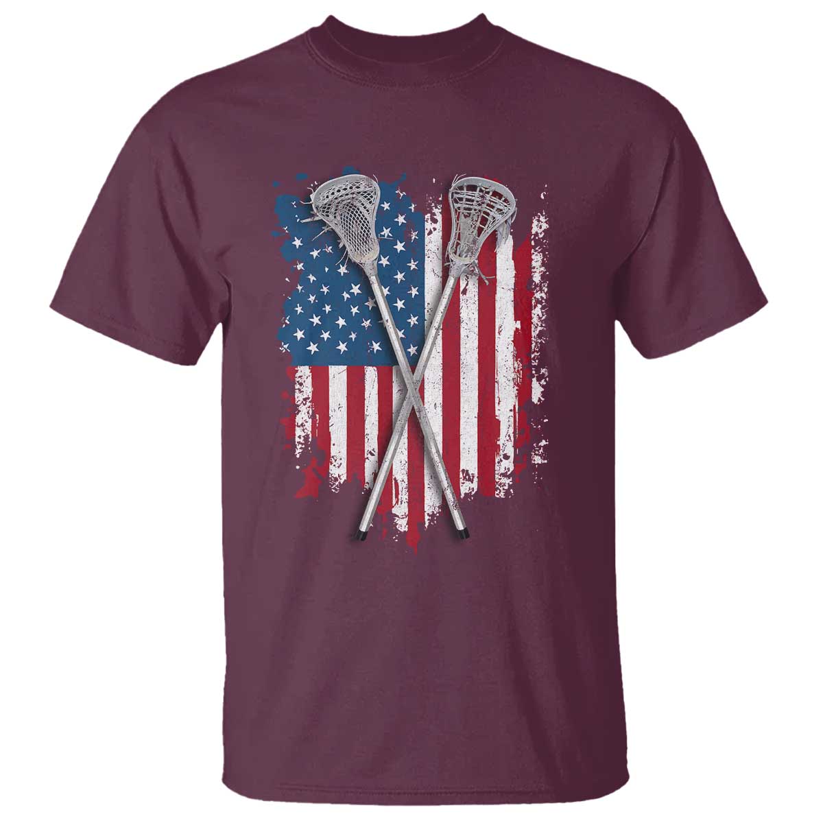 Funny Patriotic Lax Lacrosse Sticks American Flag T Shirt TS11 Maroon Print Your Wear