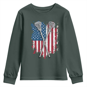 Funny Patriotic Lax Lacrosse Sticks American Flag Youth Sweatshirt TS11 Dark Forest Green Print Your Wear