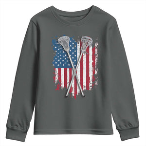 Funny Patriotic Lax Lacrosse Sticks American Flag Youth Sweatshirt TS11 Dark Heather Print Your Wear