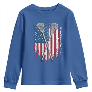 Funny Patriotic Lax Lacrosse Sticks American Flag Youth Sweatshirt TS11 Royal Blue Print Your Wear