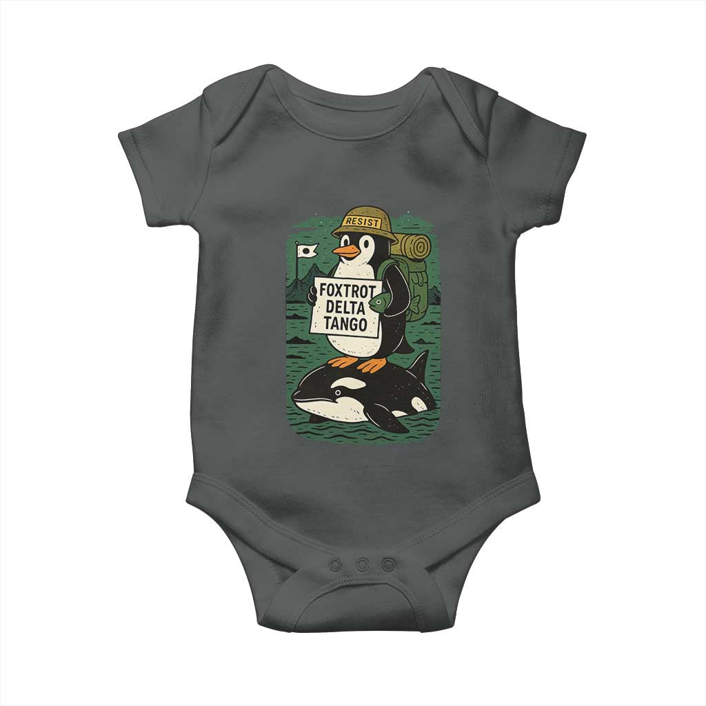 Funny Penguin Resist Baby Onesie No Tarriffs Activism Graphic TS02 Dark Heather Print Your Wear