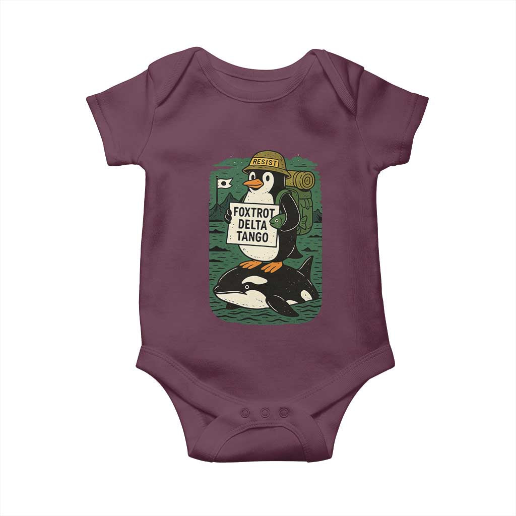 Funny Penguin Resist Baby Onesie No Tarriffs Activism Graphic TS02 Maroon Print Your Wear