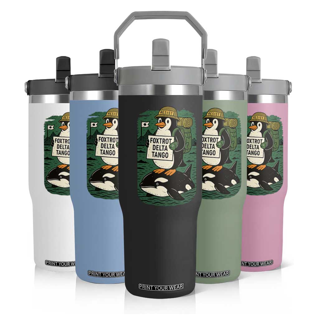 Funny Penguin Resist Flip Straw Tumbler No Tarriffs Activism Graphic TS02 Print Your Wear