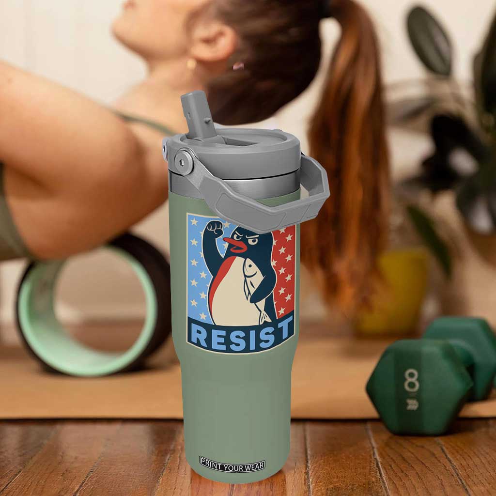 Funny Penguin Resist Graphic Flip Straw Tumbler Resist Protest Against Tariffs TS02 One Size: 30 oz Moss Green Print Your Wear