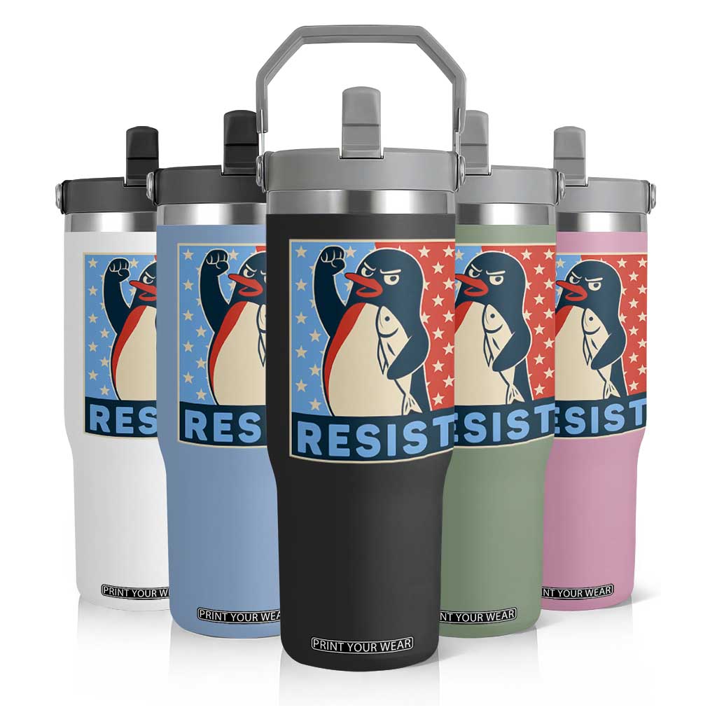 Funny Penguin Resist Graphic Flip Straw Tumbler Resist Protest Against Tariffs TS02 Print Your Wear