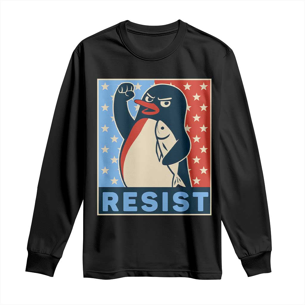 Funny Penguin Resist Graphic Long Sleeve Shirt Resist Protest Against Tariffs TS02 Black Print Your Wear