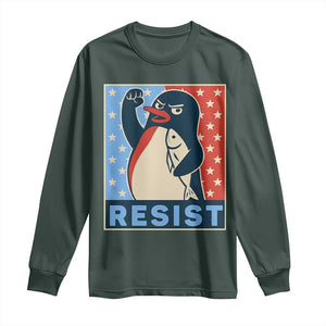 Funny Penguin Resist Graphic Long Sleeve Shirt Resist Protest Against Tariffs TS02 Dark Forest Green Print Your Wear