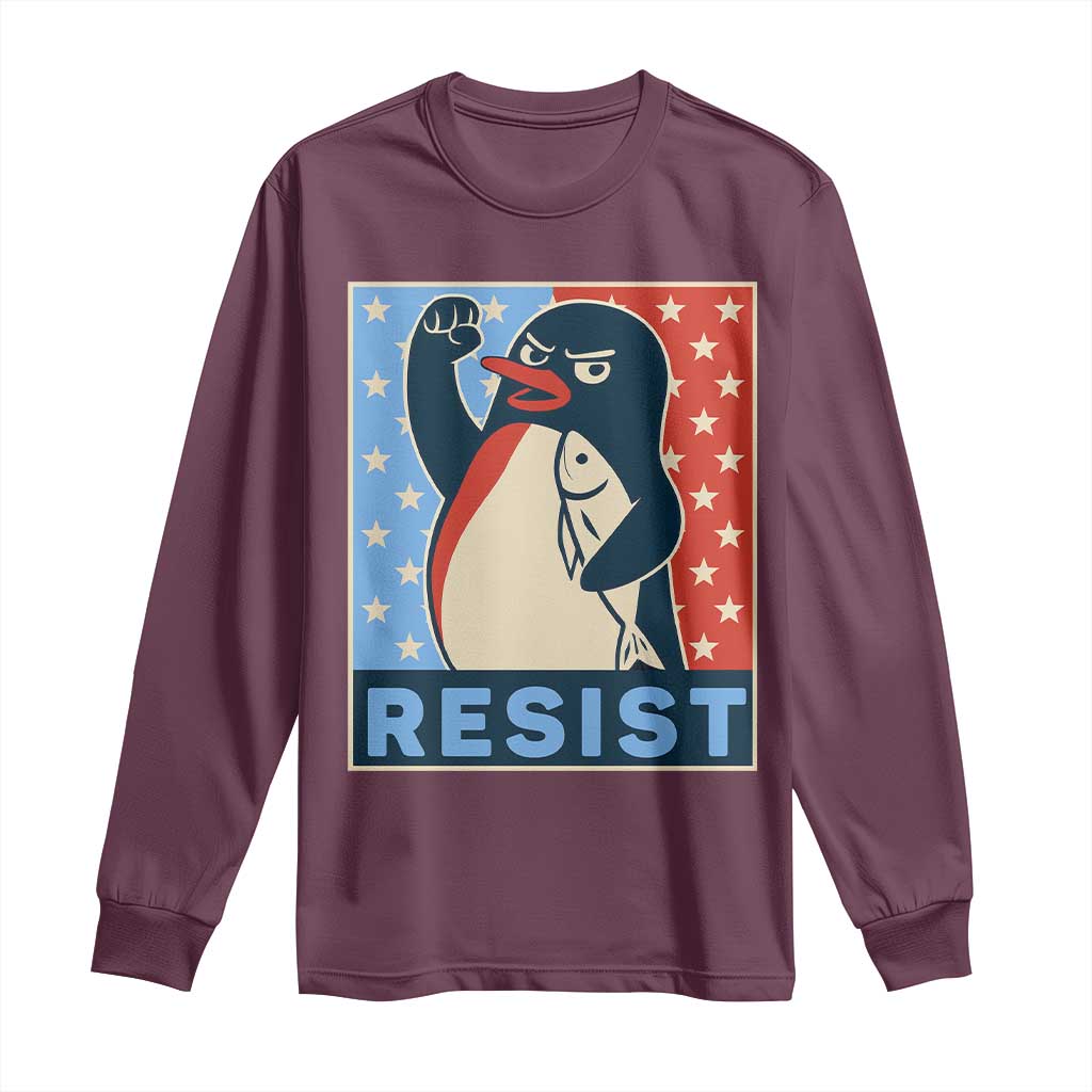 Funny Penguin Resist Graphic Long Sleeve Shirt Resist Protest Against Tariffs TS02 Maroon Print Your Wear