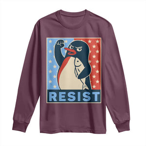 Funny Penguin Resist Graphic Long Sleeve Shirt Resist Protest Against Tariffs TS02 Maroon Print Your Wear