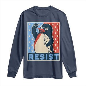 Funny Penguin Resist Graphic Long Sleeve Shirt Resist Protest Against Tariffs TS02 Navy Print Your Wear