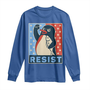 Funny Penguin Resist Graphic Long Sleeve Shirt Resist Protest Against Tariffs TS02 Royal Blue Print Your Wear