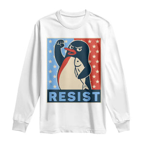 Funny Penguin Resist Graphic Long Sleeve Shirt Resist Protest Against Tariffs TS02 White Print Your Wear