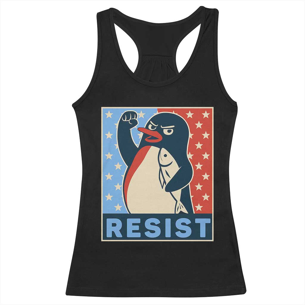Funny Penguin Resist Graphic Racerback Tank Top Resist Protest Against Tariffs TS02 Black Print Your Wear