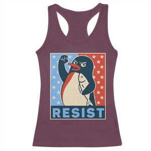 Funny Penguin Resist Graphic Racerback Tank Top Resist Protest Against Tariffs TS02 Maroon Print Your Wear