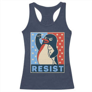 Funny Penguin Resist Graphic Racerback Tank Top Resist Protest Against Tariffs TS02 Navy Print Your Wear