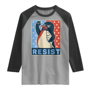 Funny Penguin Resist Graphic Raglan Shirt Resist Protest Against Tariffs TS02 Sport Gray Black Print Your Wear