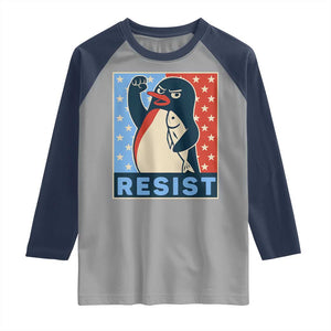Funny Penguin Resist Graphic Raglan Shirt Resist Protest Against Tariffs TS02 Sport Gray Navy Print Your Wear