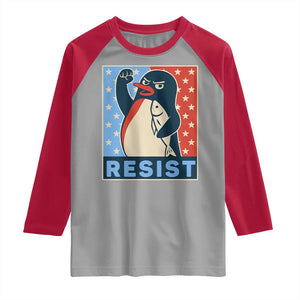 Funny Penguin Resist Graphic Raglan Shirt Resist Protest Against Tariffs TS02 Sport Gray Red Print Your Wear