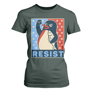 Funny Penguin Resist Graphic T Shirt For Women Resist Protest Against Tariffs TS02 Dark Forest Green Print Your Wear