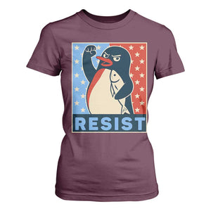 Funny Penguin Resist Graphic T Shirt For Women Resist Protest Against Tariffs TS02 Maroon Print Your Wear