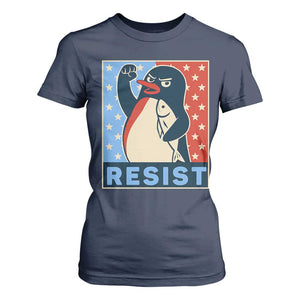 Funny Penguin Resist Graphic T Shirt For Women Resist Protest Against Tariffs TS02 Navy Print Your Wear