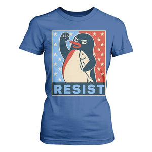 Funny Penguin Resist Graphic T Shirt For Women Resist Protest Against Tariffs TS02 Royal Blue Print Your Wear