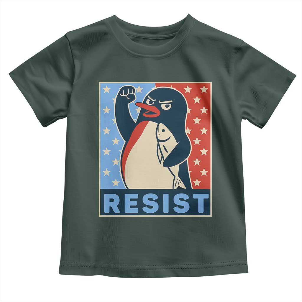 Funny Penguin Resist Graphic Toddler T Shirt Resist Protest Against Tariffs TS02 Dark Forest Green Print Your Wear