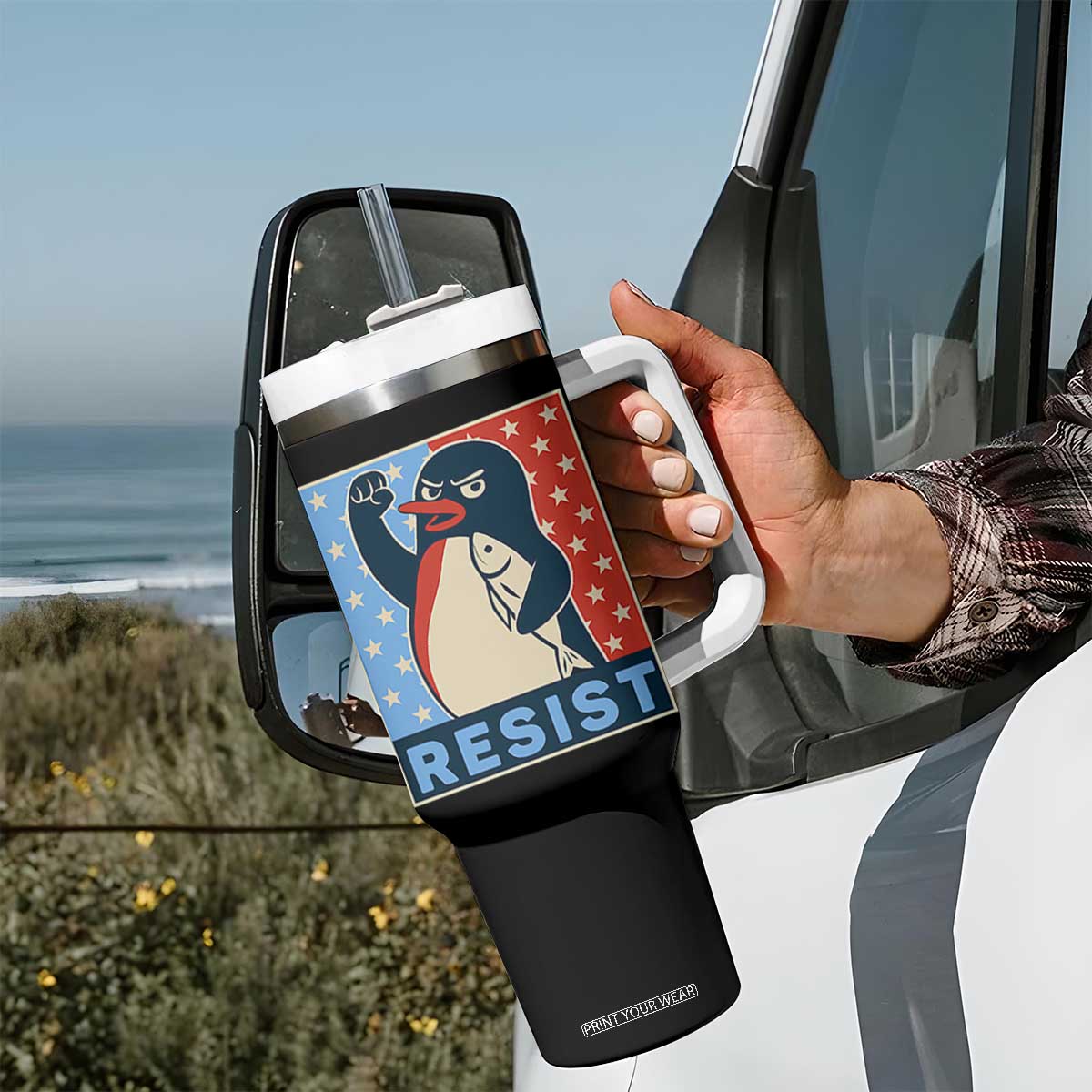 Funny Penguin Resist Graphic Tumbler With Handle Resist Protest Against Tariffs TS02 Print Your Wear
