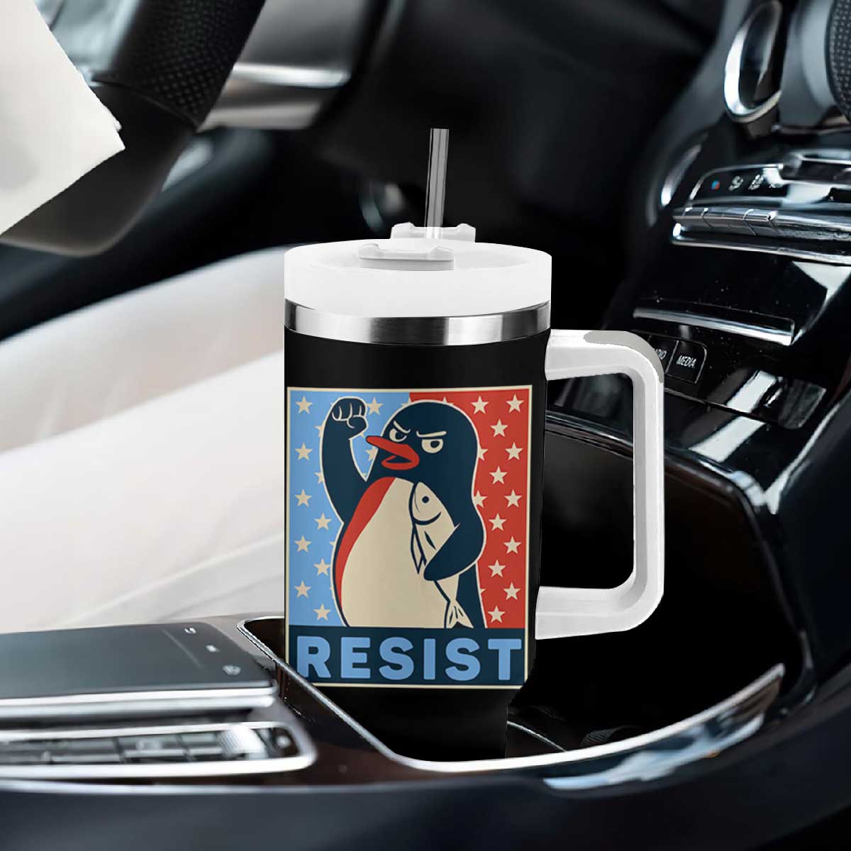 Funny Penguin Resist Graphic Tumbler With Handle Resist Protest Against Tariffs TS02 Print Your Wear