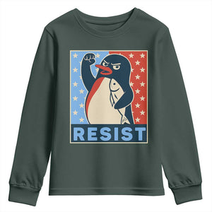 Funny Penguin Resist Graphic Youth Sweatshirt Resist Protest Against Tariffs TS02 Dark Forest Green Print Your Wear
