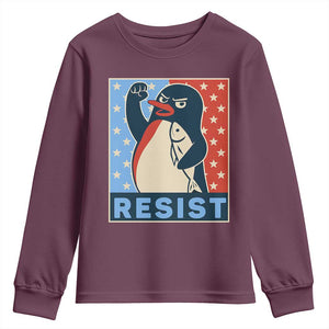 Funny Penguin Resist Graphic Youth Sweatshirt Resist Protest Against Tariffs TS02 Maroon Print Your Wear