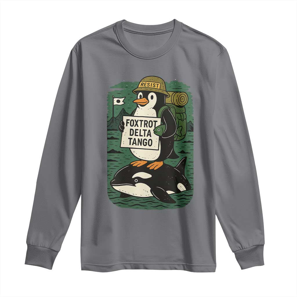 Funny Penguin Resist Long Sleeve Shirt No Tarriffs Activism Graphic TS02 Charcoal Print Your Wear