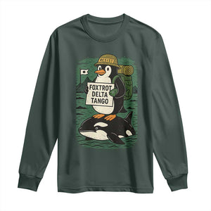 Funny Penguin Resist Long Sleeve Shirt No Tarriffs Activism Graphic TS02 Dark Forest Green Print Your Wear