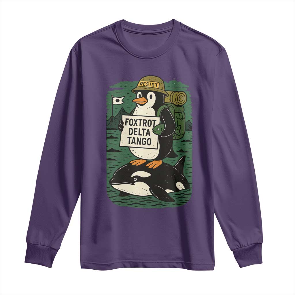 Funny Penguin Resist Long Sleeve Shirt No Tarriffs Activism Graphic TS02 Purple Print Your Wear