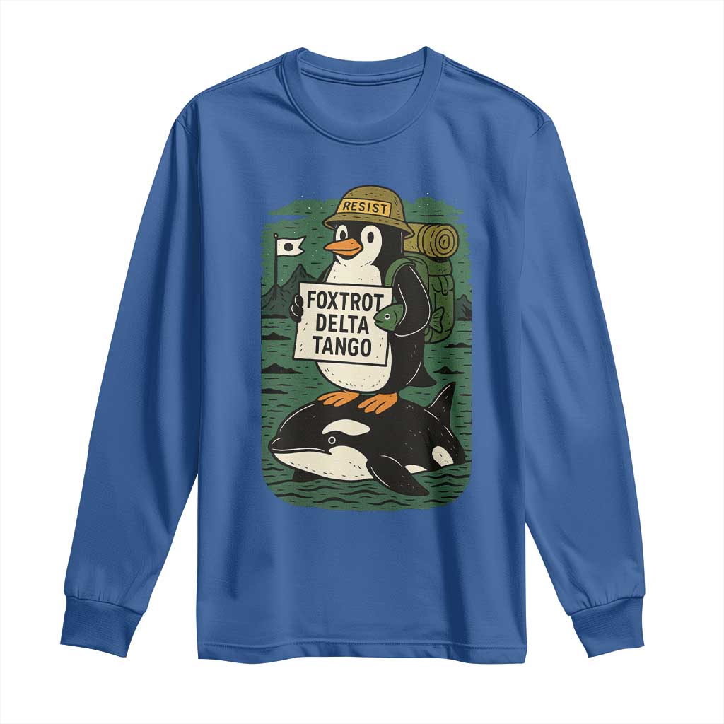 Funny Penguin Resist Long Sleeve Shirt No Tarriffs Activism Graphic TS02 Royal Blue Print Your Wear